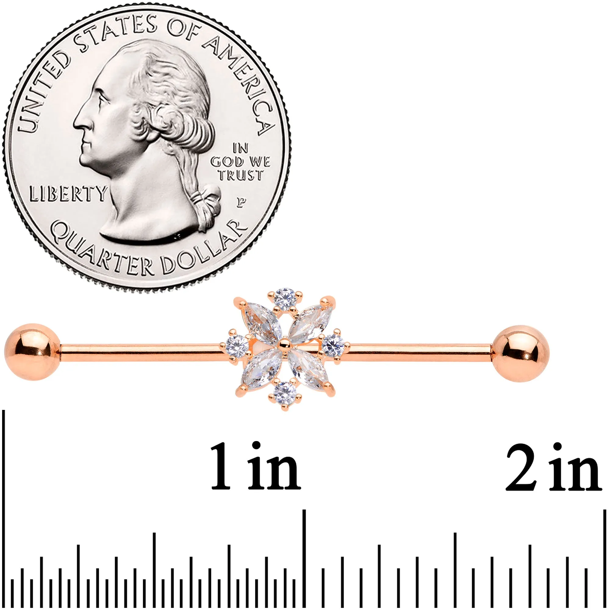 14 Gauge Clear CZ Gem Rose Gold Tone Star Burst Industrial Barbell 38mm