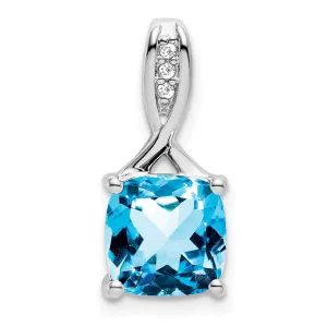 14k White Gold Cushion Blue Topaz and Diamond Pendant