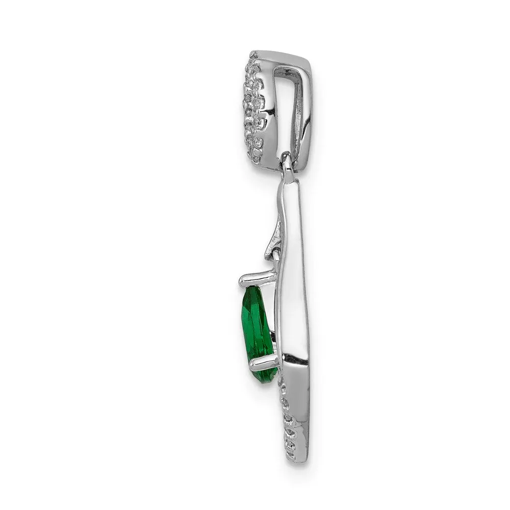 14k White Gold Diamond and Teardrop Emerald Dangle Pendant