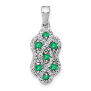14k White Gold Twist Diamond and Emerald Fancy Pendant