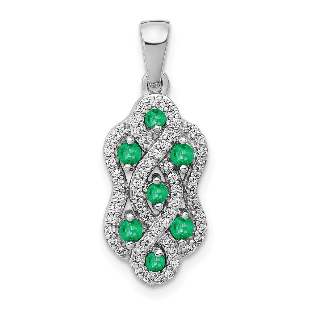 14k White Gold Twist Diamond and Emerald Fancy Pendant