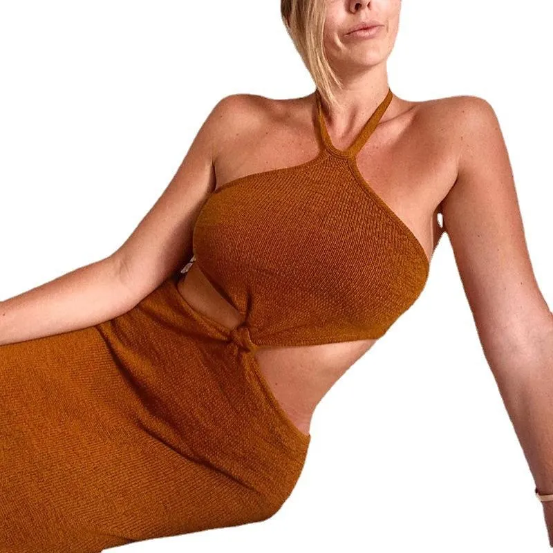 2021 Sexy Vacation Outfits Knitted Halter Maxi Dresses