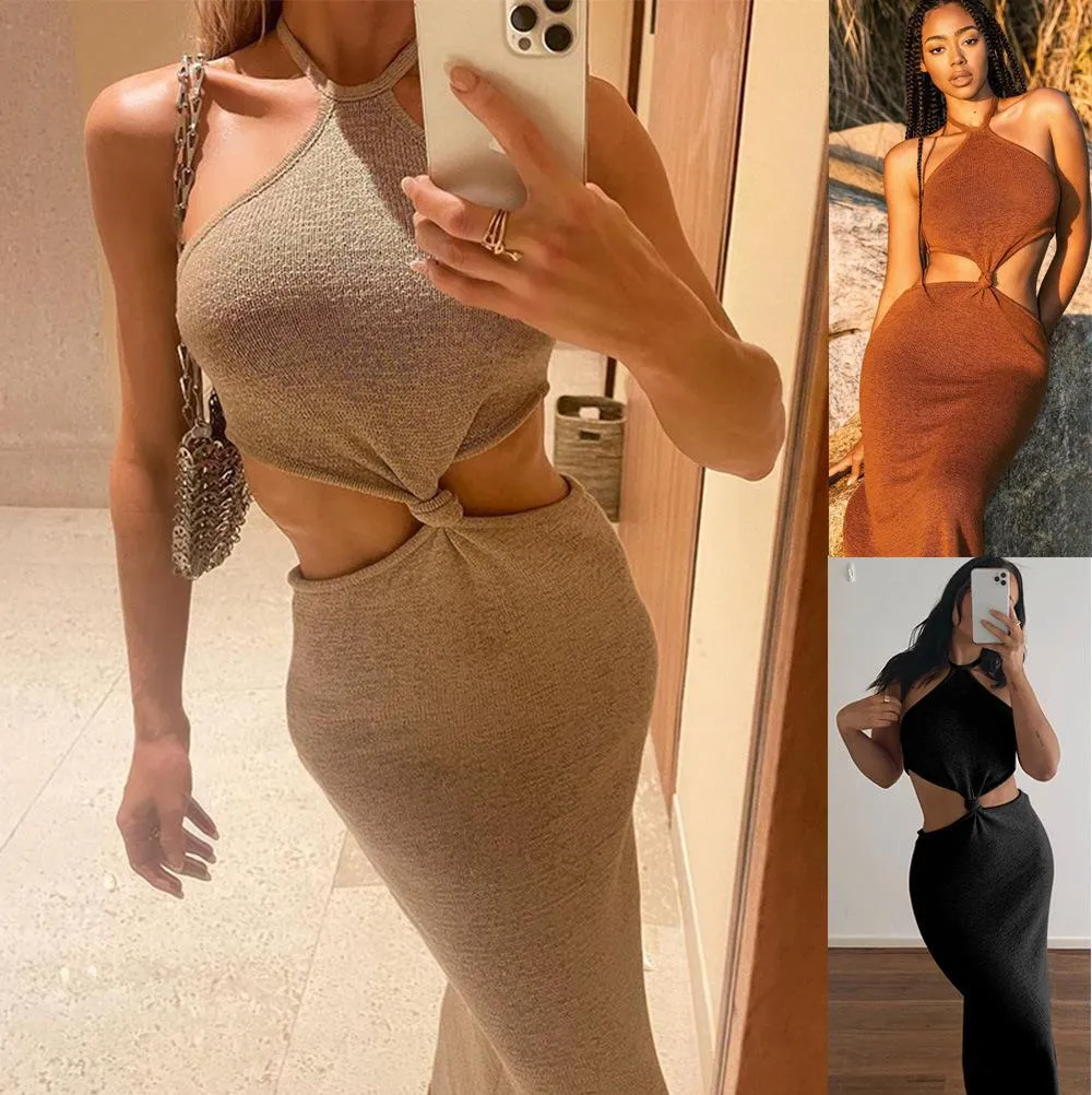 2021 Sexy Vacation Outfits Knitted Halter Maxi Dresses