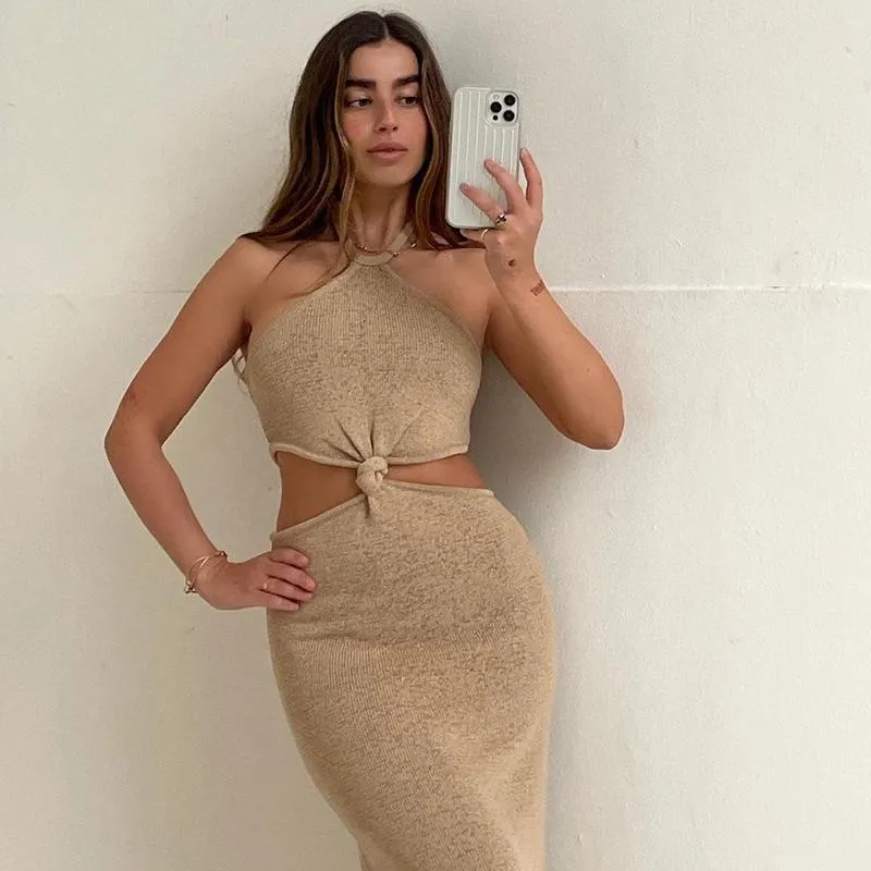 2021 Sexy Vacation Outfits Knitted Halter Maxi Dresses