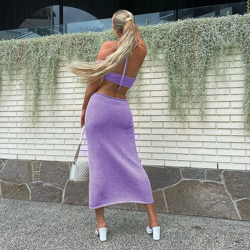 2021 Sexy Vacation Outfits Knitted Halter Maxi Dresses