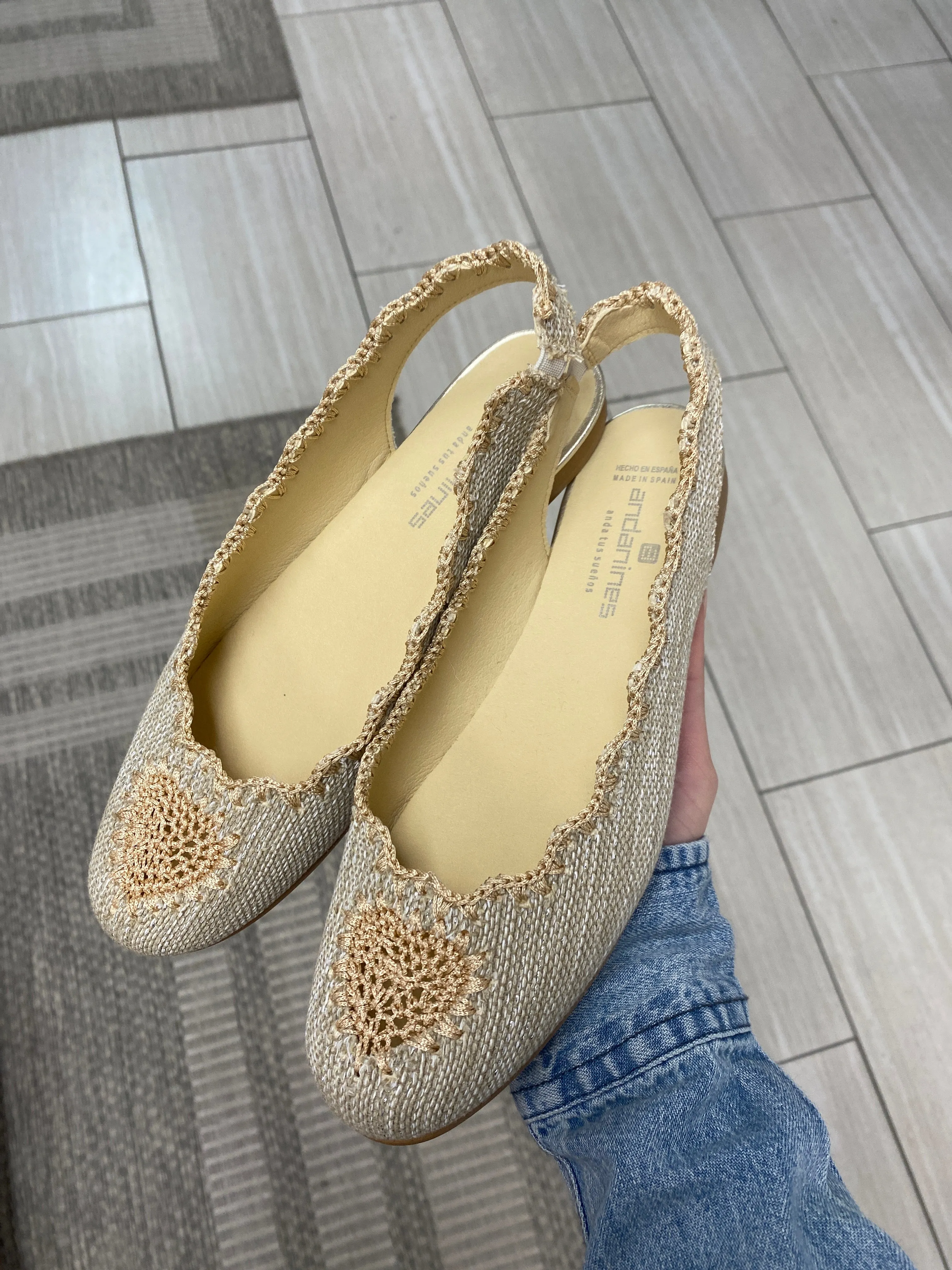Andanines Gold Linen Heart Crochet Slingback
