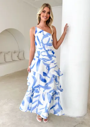 Aspra One Shoulder Midi Dress - Blue Splash
