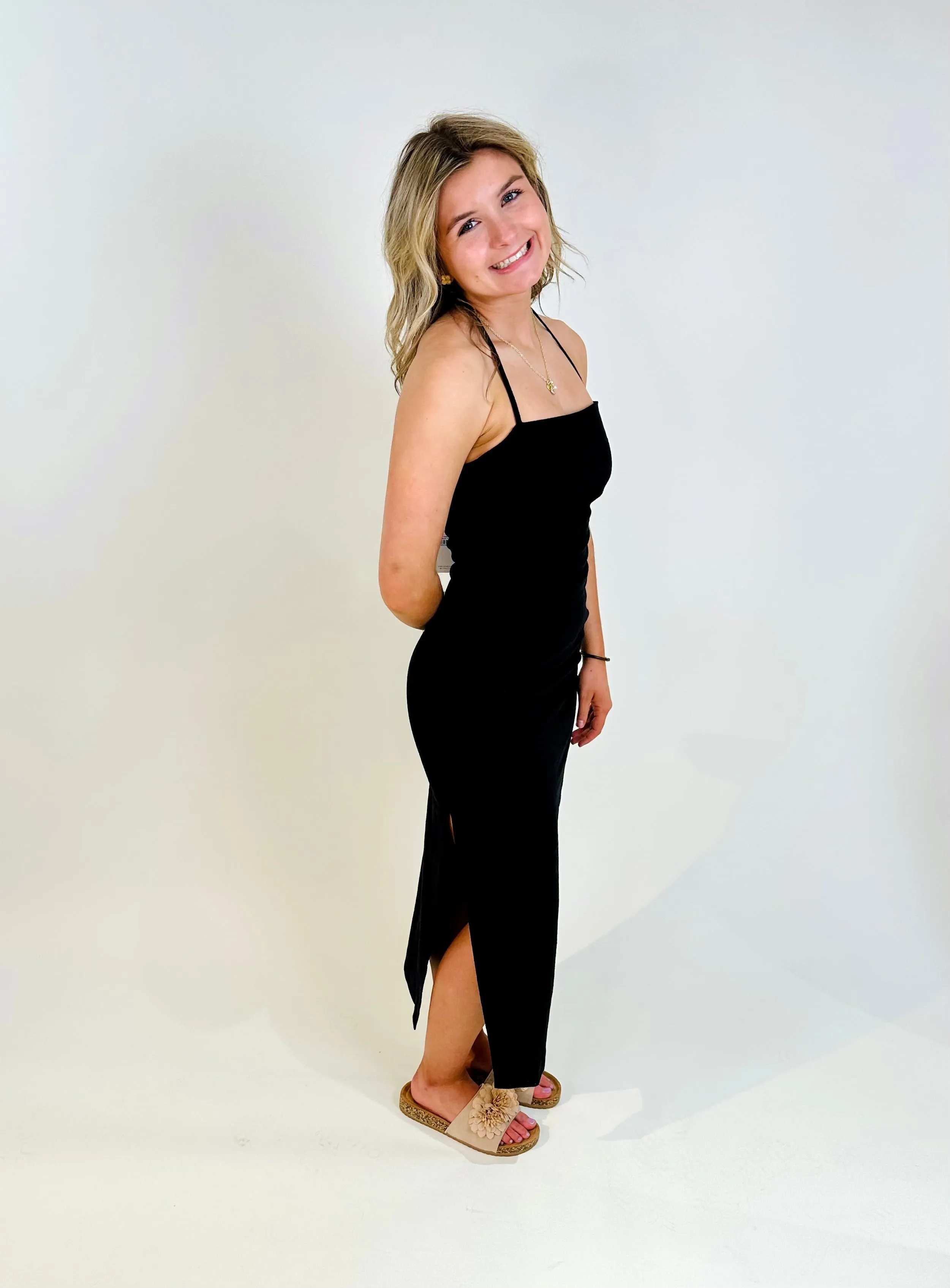 Athena Halter Dress Midi Black