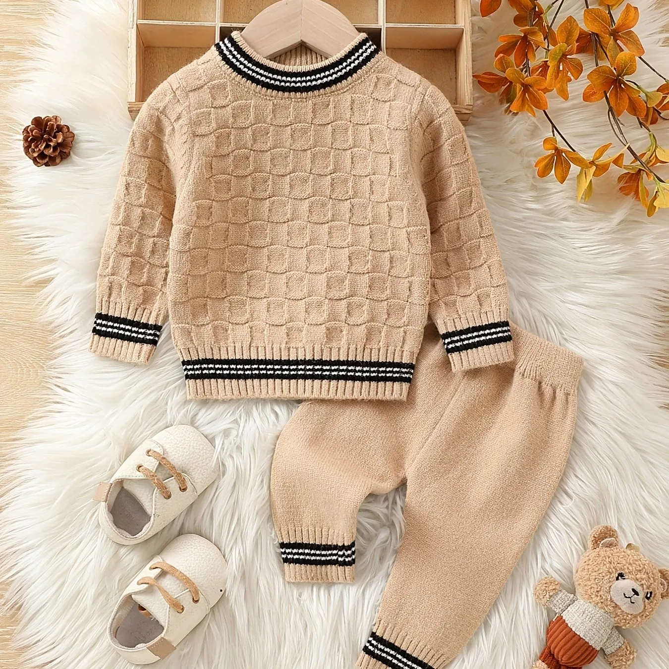 Baby Boy Autumn And Winter Basic Knitted Sweater Set, Kids Pants Pullover Top Set Casual Clothes