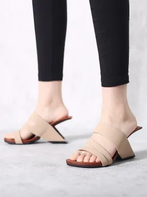 Beige Cross Strap Leather Wedge Slides Sandals