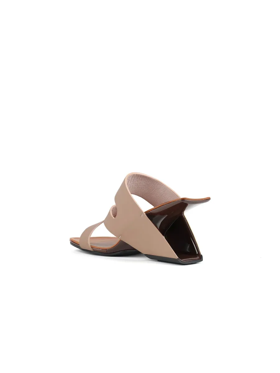 Beige Cross Strap Leather Wedge Slides Sandals