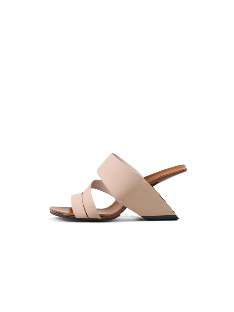 Beige Cross Strap Leather Wedge Slides Sandals