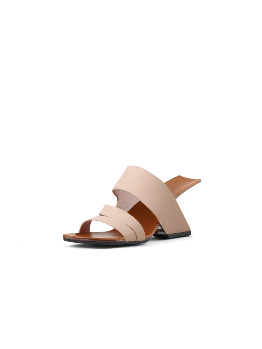 Beige Cross Strap Leather Wedge Slides Sandals