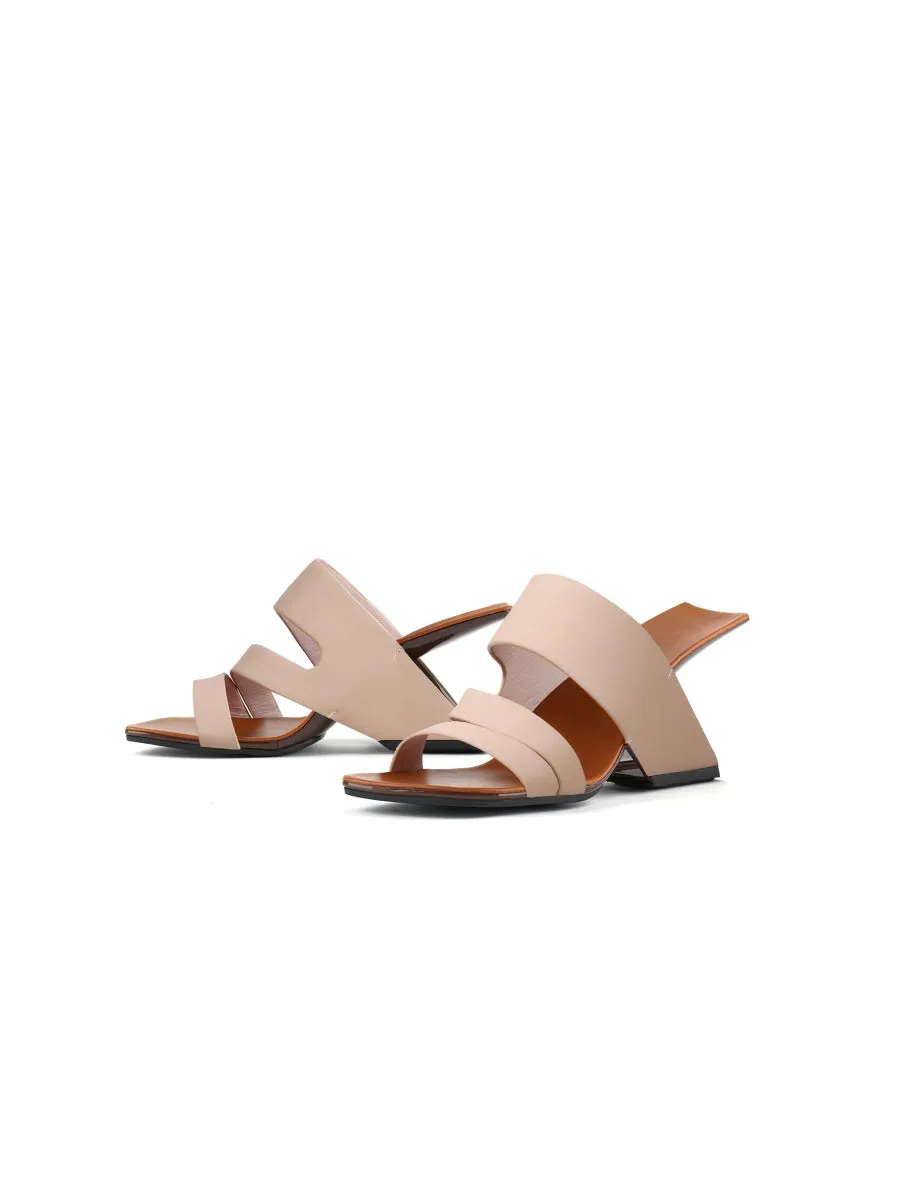Beige Cross Strap Leather Wedge Slides Sandals