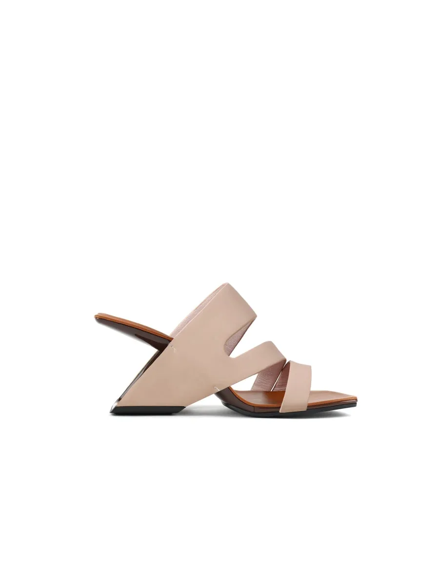 Beige Cross Strap Leather Wedge Slides Sandals