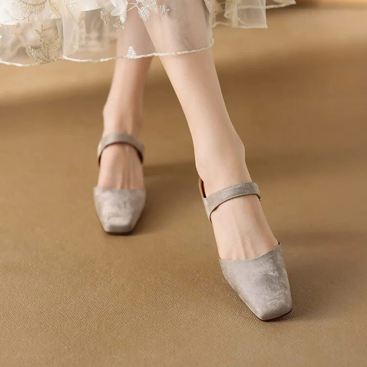 Beige Grey Black Square Toe Strap Mules #001148