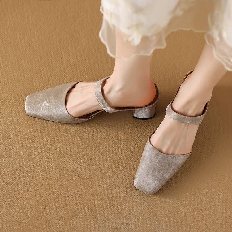 Beige Grey Black Square Toe Strap Mules #001148