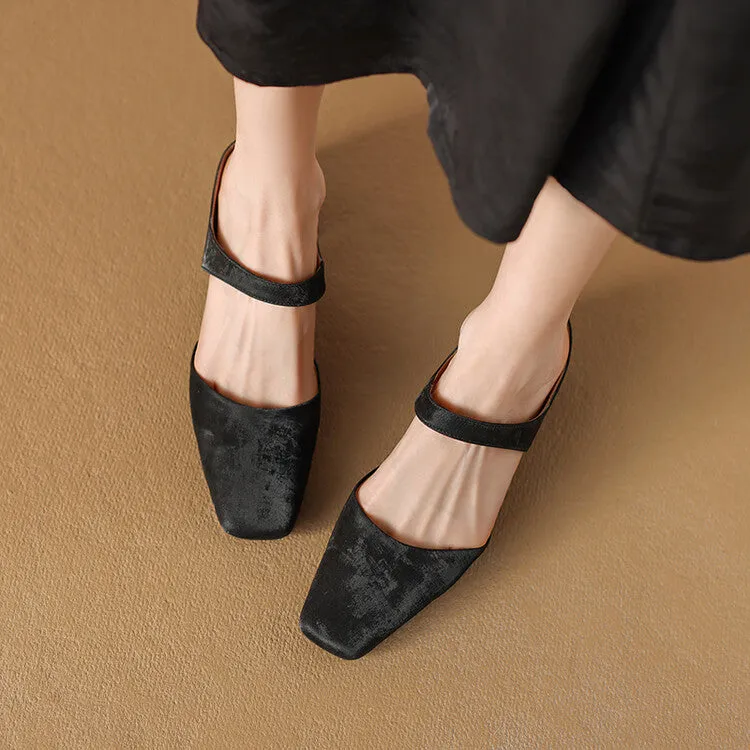 Beige Grey Black Square Toe Strap Mules #001148