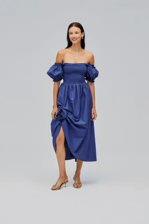 Belle Cotton Dress with Rose Detail in Navy