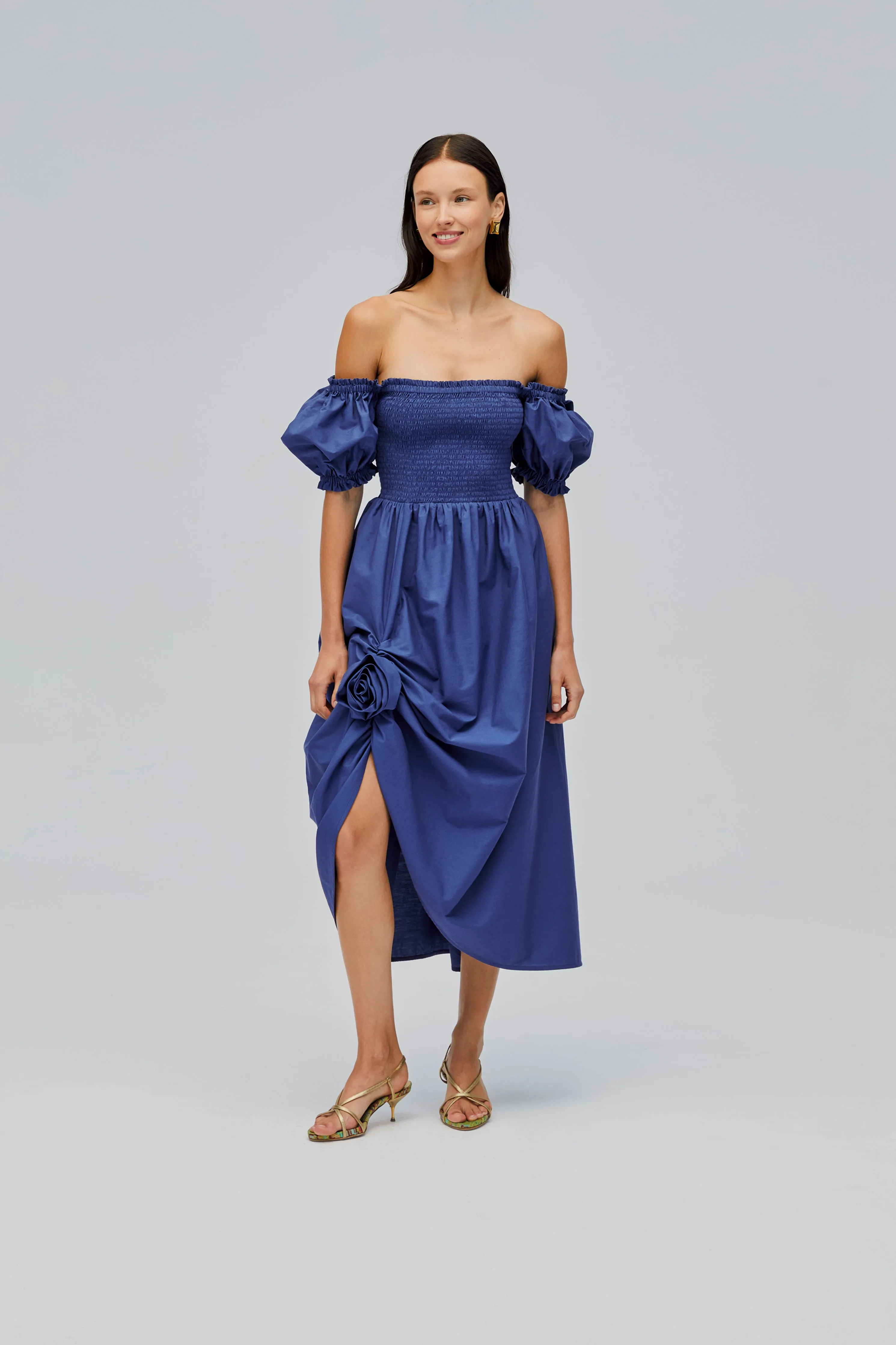 Belle Cotton Dress with Rose Detail in Navy