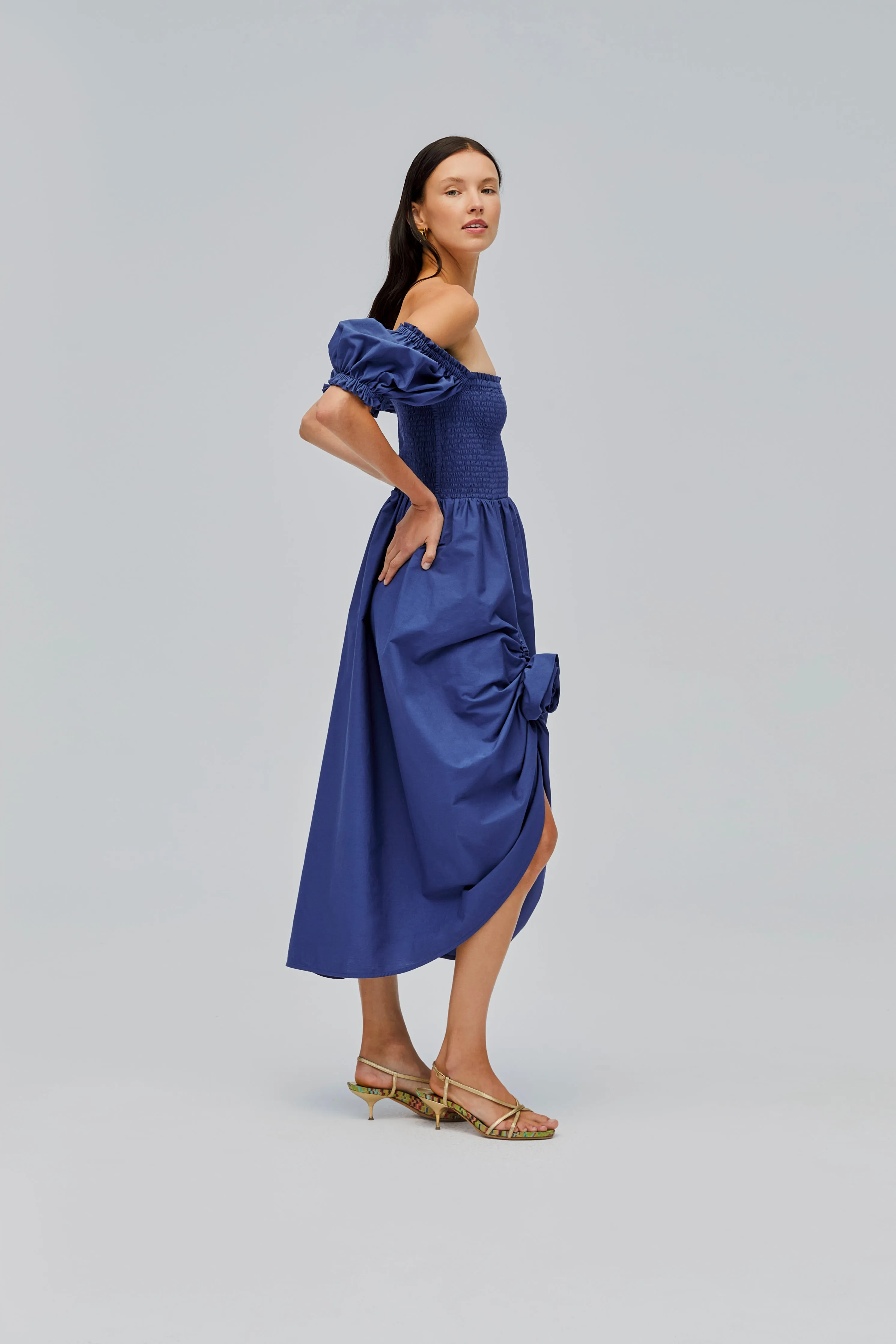 Belle Cotton Dress with Rose Detail in Navy
