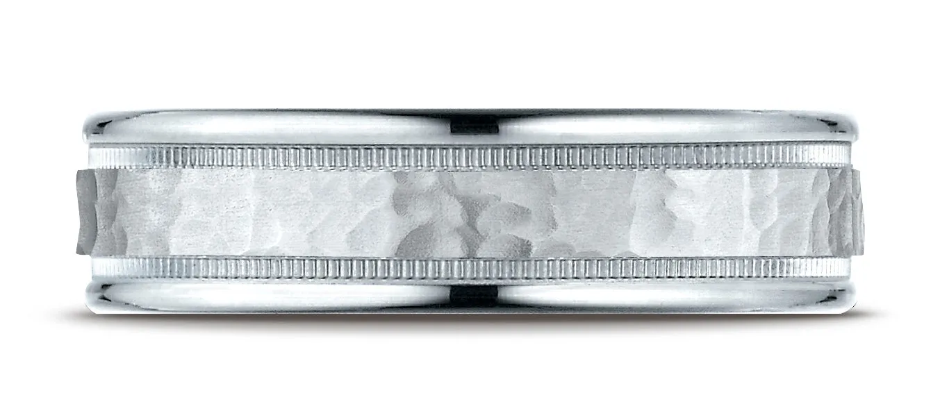 Benchmark 10k White Gold 6mm Comfort-Fit Hammered Center High Polish Round Edge Carved Design Band ( 6-13)