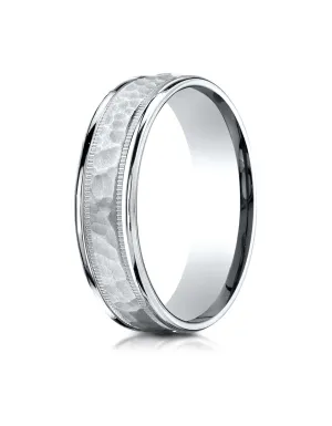 Benchmark 10k White Gold 6mm Comfort-Fit Hammered Center High Polish Round Edge Carved Design Band ( 6-13)