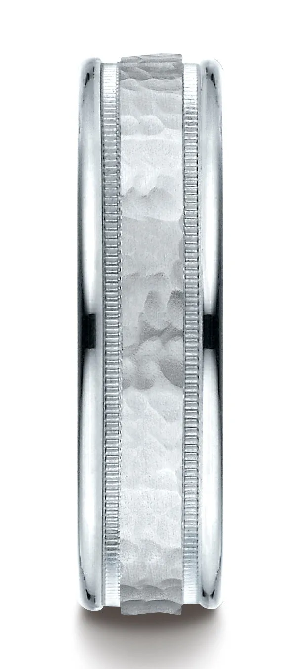 Benchmark 10k White Gold 6mm Comfort-Fit Hammered Center High Polish Round Edge Carved Design Band ( 6-13)