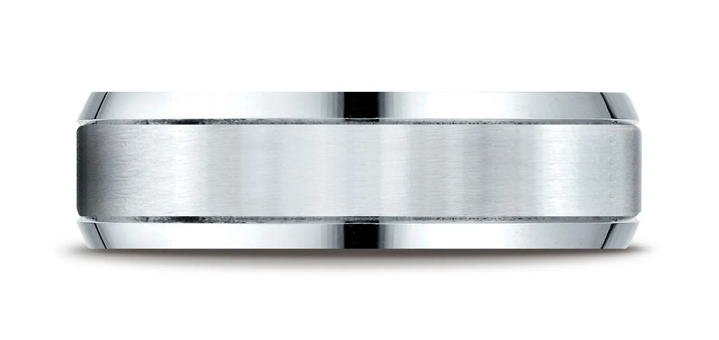 Benchmark 10K White Gold 6mm Comfort-Fit Satin-Finished High Polished Beveled Edge Carved Design Ring
