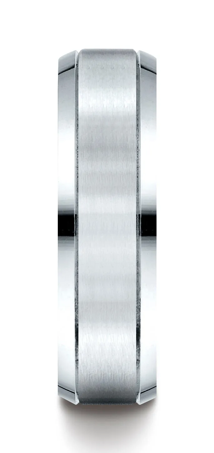 Benchmark 10K White Gold 6mm Comfort-Fit Satin-Finished High Polished Beveled Edge Carved Design Ring