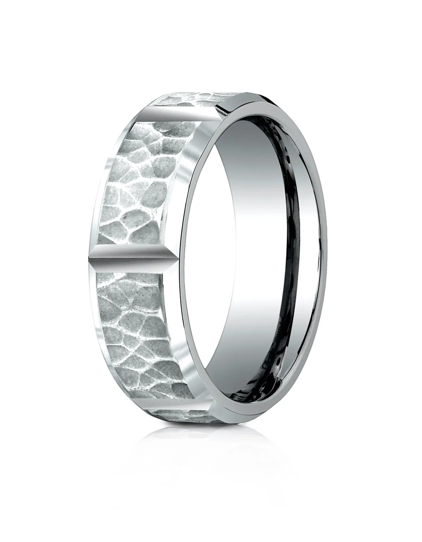 Benchmark 10k White Gold 7mm Comfort-Fit Hammered Finish Grooved Carved Design Band, (Sizes 4-15)