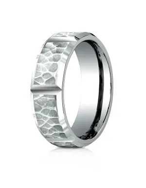 Benchmark 10k White Gold 7mm Comfort-Fit Hammered Finish Grooved Carved Design Band, (Sizes 4-15)
