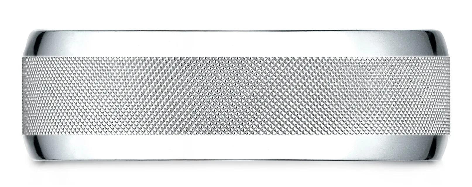 Benchmark 10k White Gold 7mm Comfort-Fit High Polish Round Edge Cross Hatch Center Design Band,(Size 4-15)