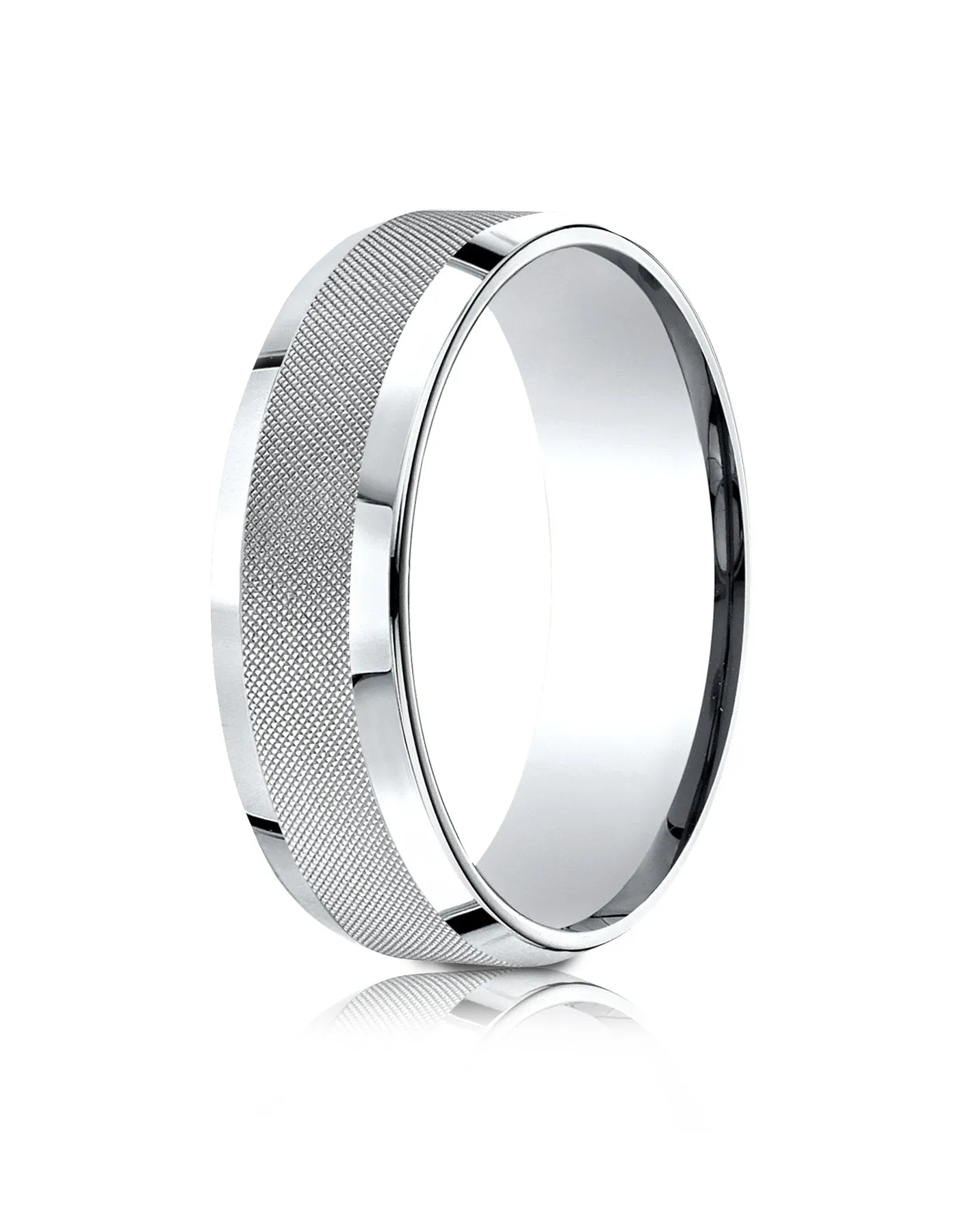 Benchmark 10k White Gold 7mm Comfort-Fit High Polish Round Edge Cross Hatch Center Design Band,(Size 4-15)