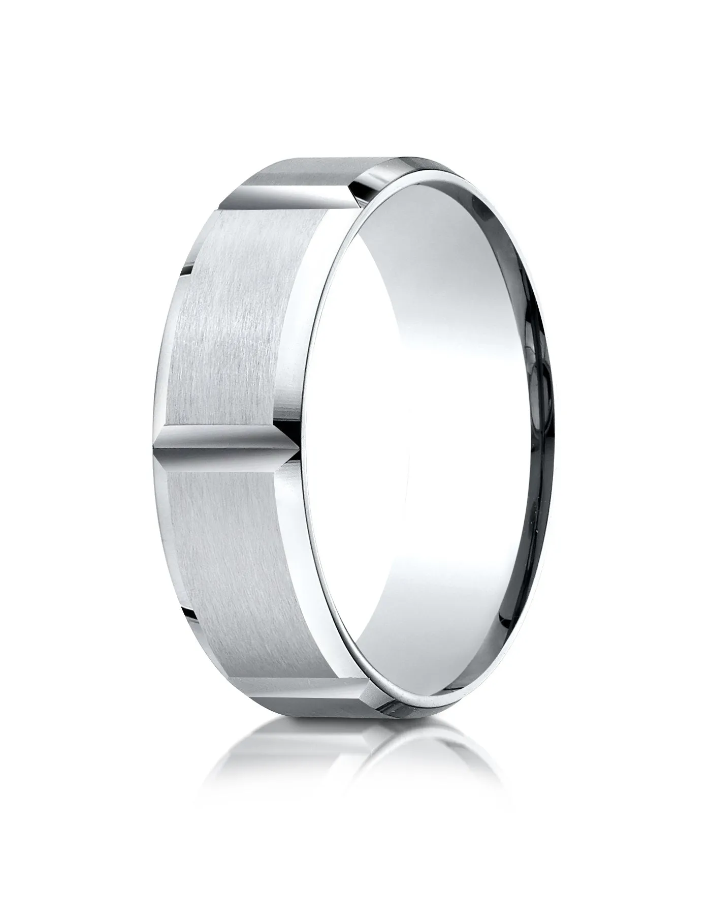 Benchmark 10k White Gold 7mm Comfort-Fit Satin-Finished Grooves Carved Design Band, (Sizes 4-15)