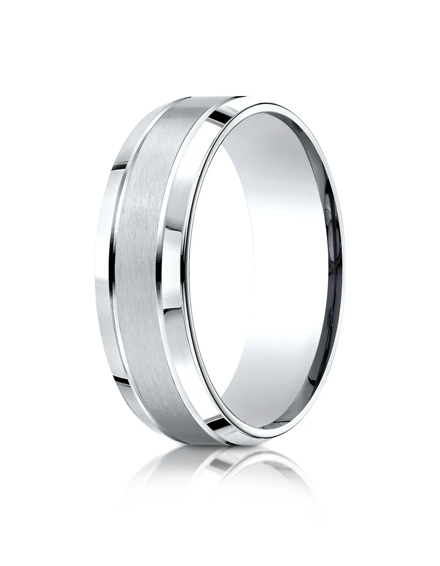 Benchmark 10k White Gold 7mm Comfort-Fit Satin-Finished High Polish Beveled Edge Carved Design Band (4-15)