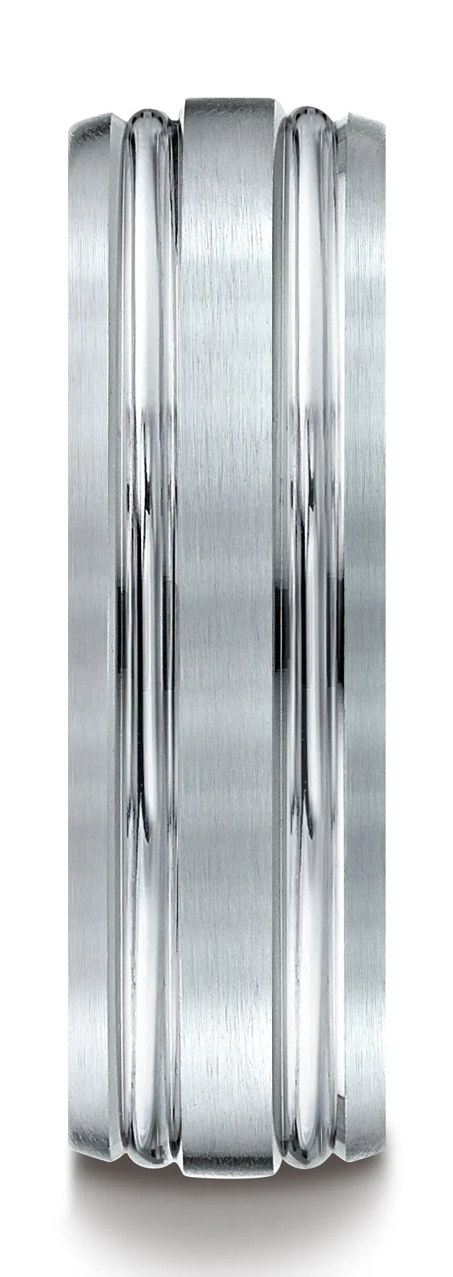 Benchmark 10k White Gold 7mm Comfort-Fit Satin-Finished w/ Parallel Grooves Carved Design Band (Sizes 4-15)