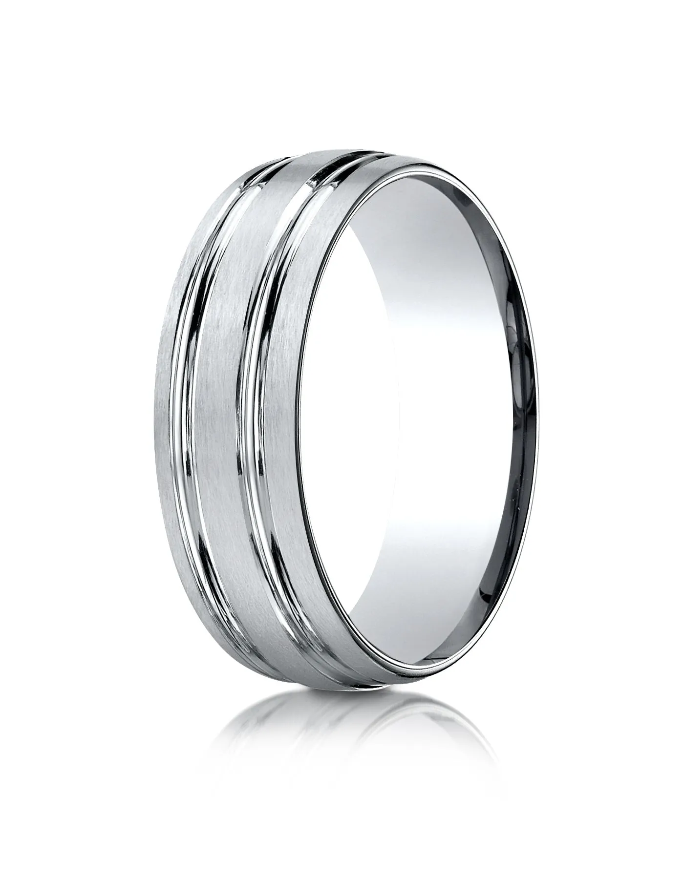 Benchmark 10k White Gold 7mm Comfort-Fit Satin-Finished w/ Parallel Grooves Carved Design Band (Sizes 4-15)