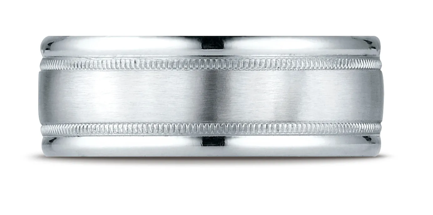 Benchmark 10K White Gold 8mm Comfort-Fit Satin Finish Center with Milgrain Round Edge Carved Design Ring