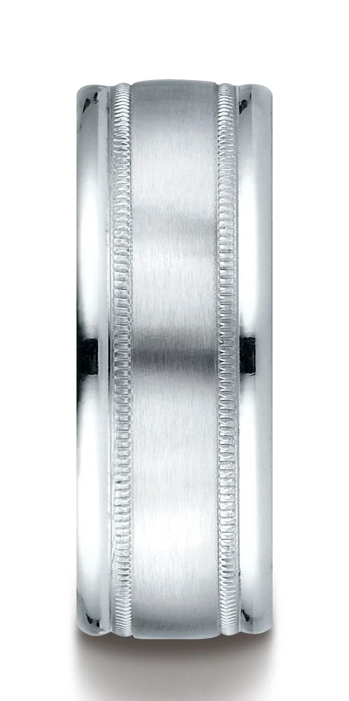 Benchmark 10K White Gold 8mm Comfort-Fit Satin Finish Center with Milgrain Round Edge Carved Design Ring