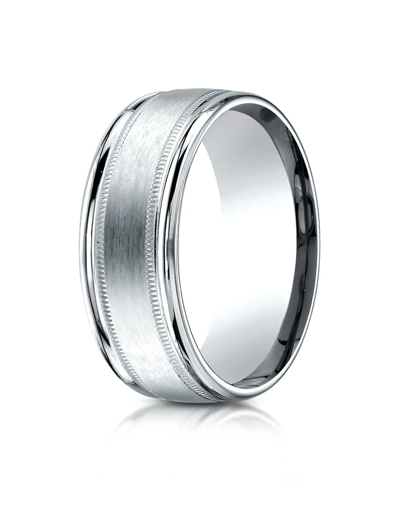 Benchmark 10K White Gold 8mm Comfort-Fit Satin Finish Center with Milgrain Round Edge Carved Design Ring