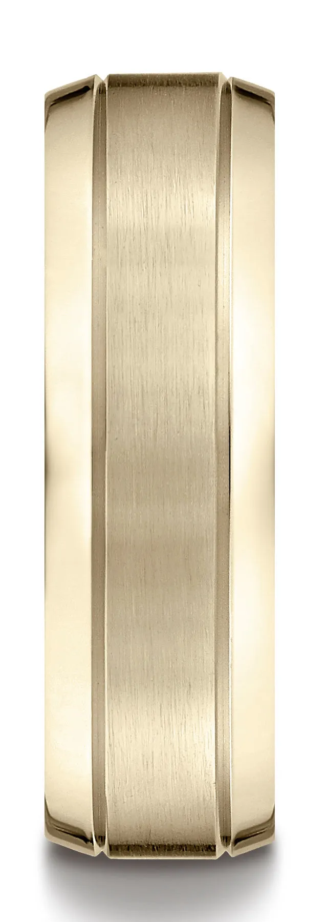 Benchmark 10k Yellow Gold 7mm Comfort-Fit Satin-Finished High Polish Beveled Edge Carved Design Band
