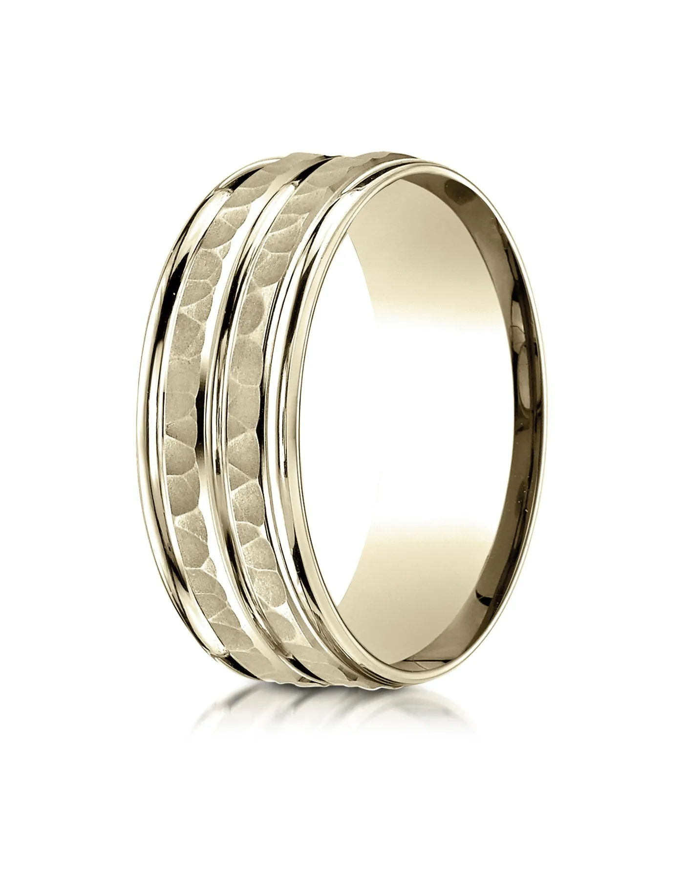 Benchmark 10k Yellow Gold 8mm Comfort-Fit Hammer-Finish and Round Edge Carved Design Band, (Sizes 4-14)