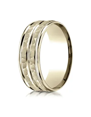 Benchmark 10k Yellow Gold 8mm Comfort-Fit Hammer-Finish and Round Edge Carved Design Band, (Sizes 4-14)