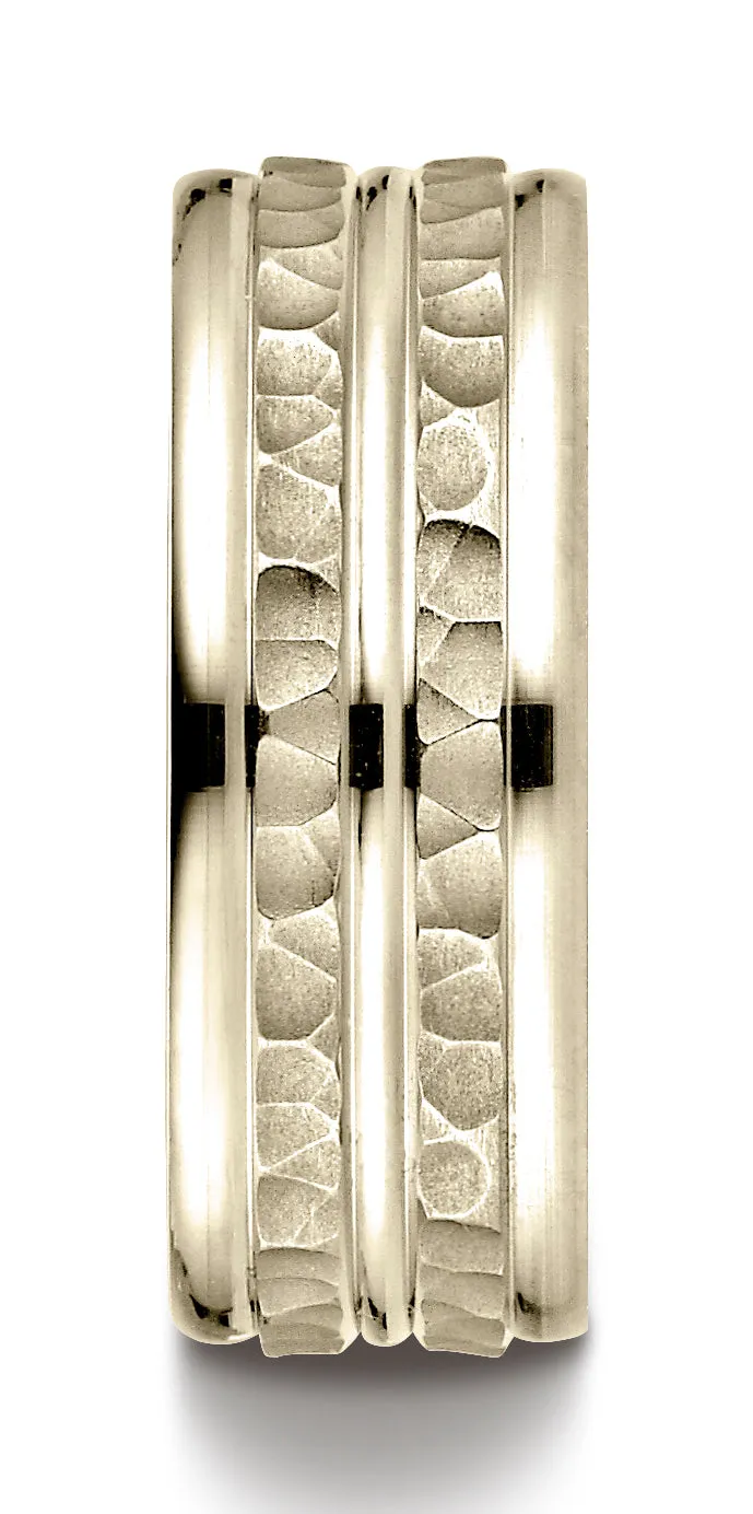 Benchmark 10k Yellow Gold 8mm Comfort-Fit Hammer-Finish and Round Edge Carved Design Band, (Sizes 4-14)