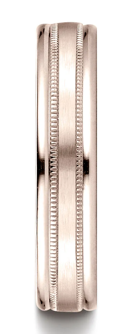 Benchmark 14K Rose Gold 4mm Comfort-Fit Satin Center w/ a Round Edge and Milgrain Carved Design Ring
