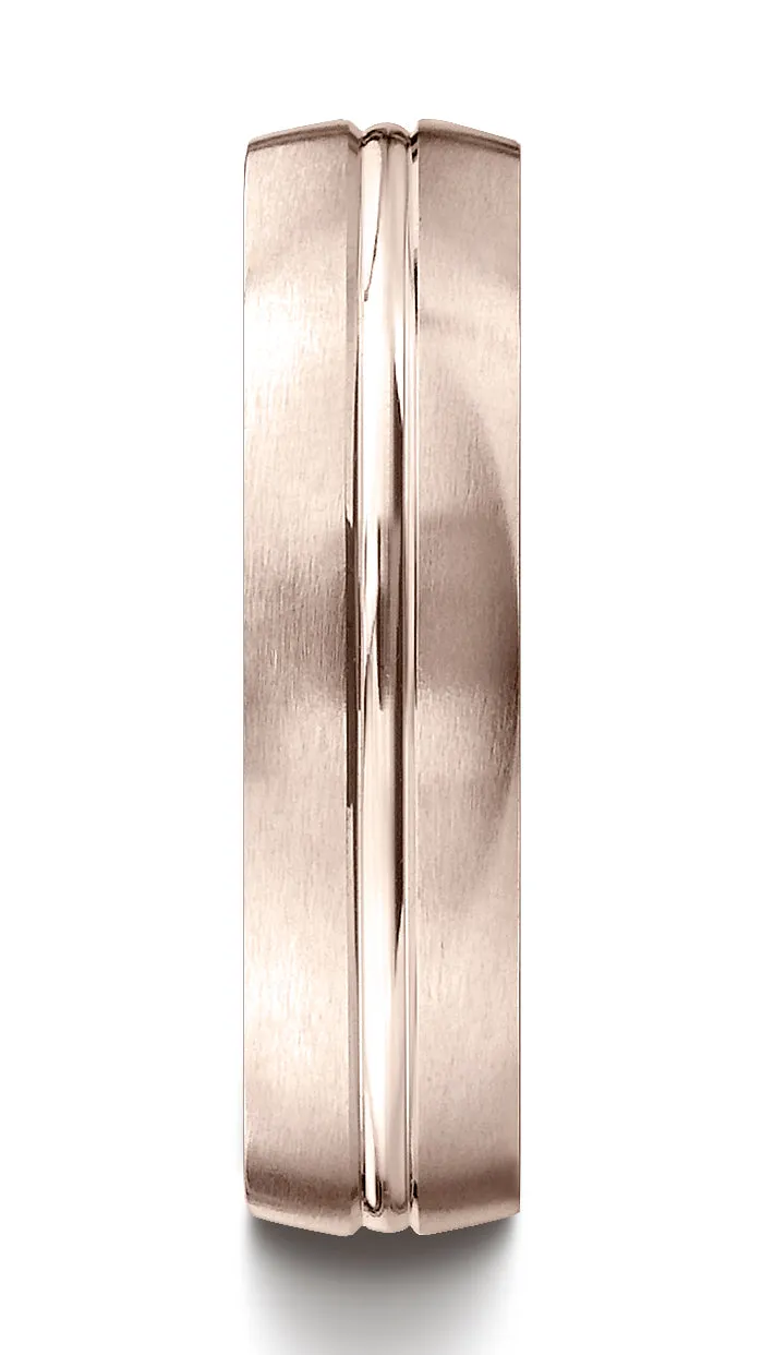 Benchmark 14k Rose Gold 6mm Comfort-Fit Satin-Finished with High Polished Center Cut Carved Design Ring