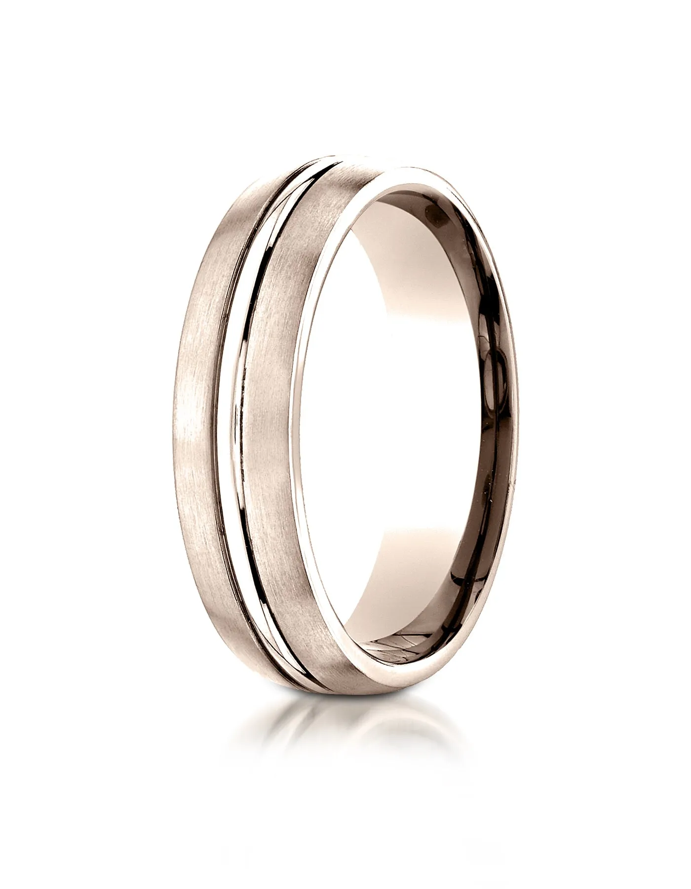 Benchmark 14k Rose Gold 6mm Comfort-Fit Satin-Finished with High Polished Center Cut Carved Design Ring