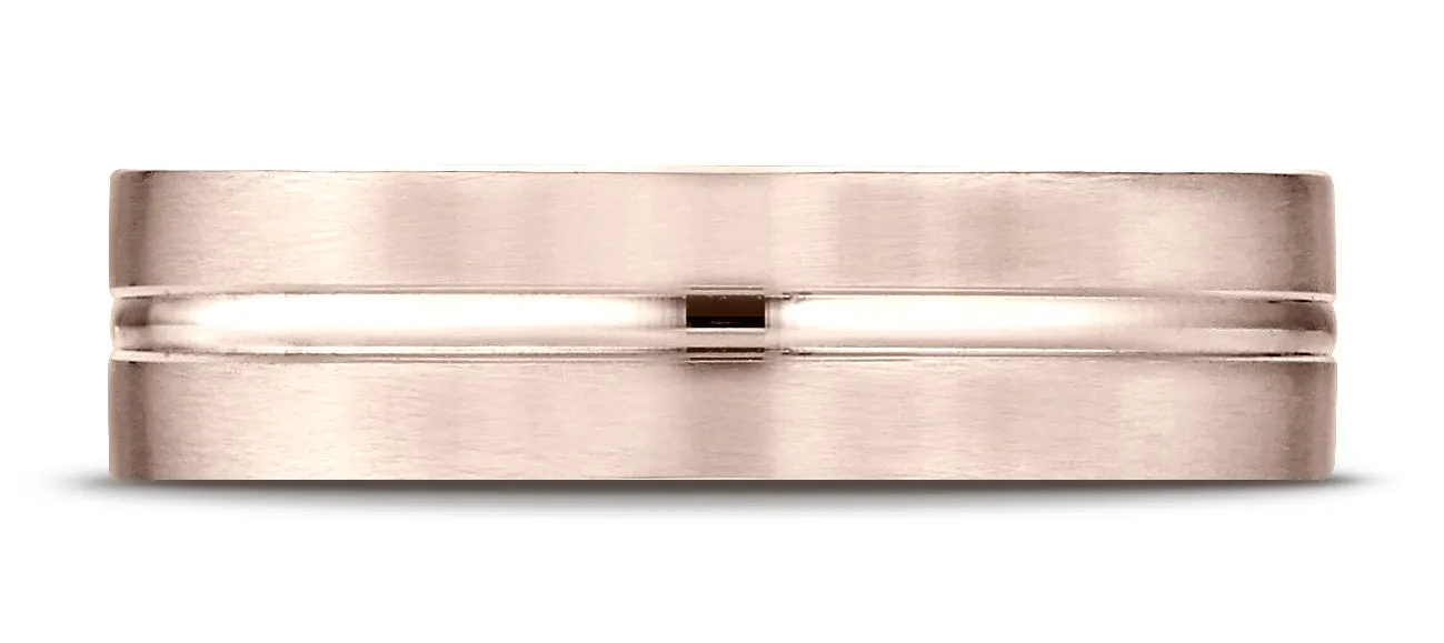 Benchmark 14K Rose Gold 6mm Comfort-Fit Satin-Finished with High Polished Center Cut Carved Design Ring
