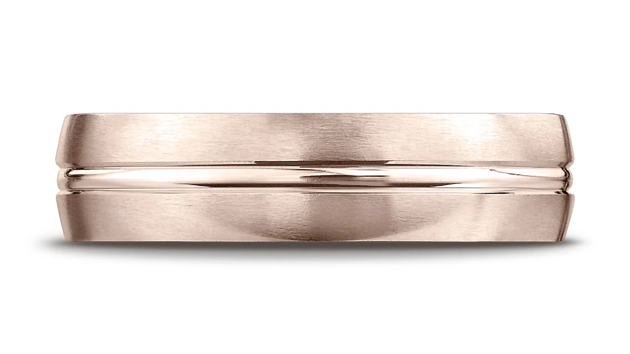 Benchmark 14k Rose Gold 6mm Comfort-Fit Satin-Finished with High Polished Center Cut Carved Design Ring